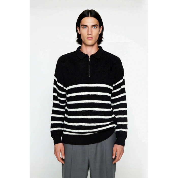 Erkek Oversize Kalıp Lacivert Çizgili Polo Yaka Triko Kazak Kışlık Rahat Selanik Dokuma Akrilik