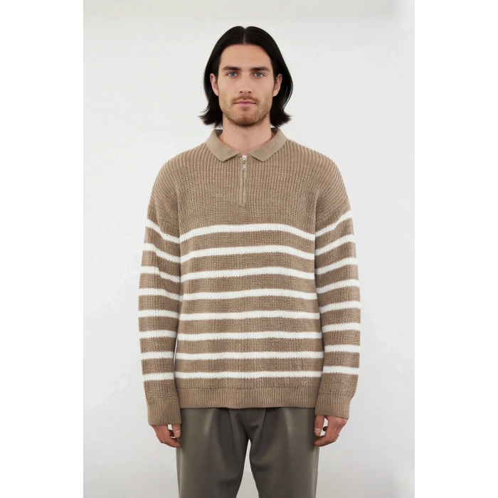 Erkek Oversize Kalıp Lacivert Çizgili Polo Yaka Triko Kazak Kışlık Rahat Selanik Dokuma Akrilik