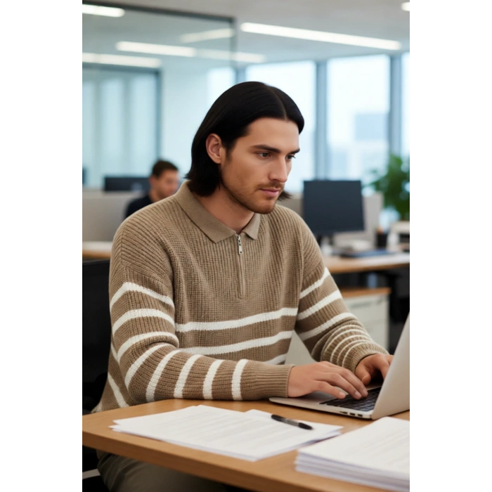 Erkek Oversize Kalıp Lacivert Çizgili Polo Yaka Triko Kazak Kışlık Rahat Selanik Dokuma Akrilik