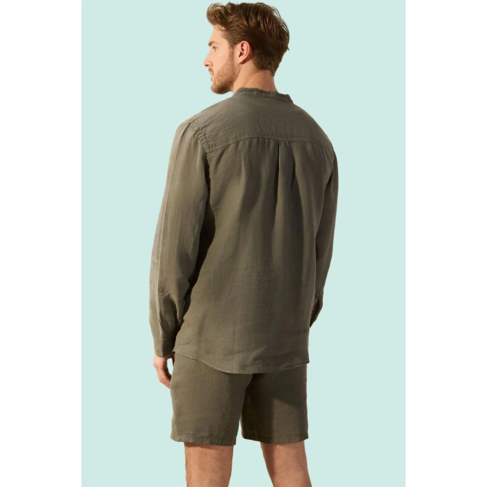 Erkek Oversize Keten Gömlek Hakim Yaka Uzun Kol Basic Günlük Hafta Sonu Yaz Aylarının Vazgeçilmezi