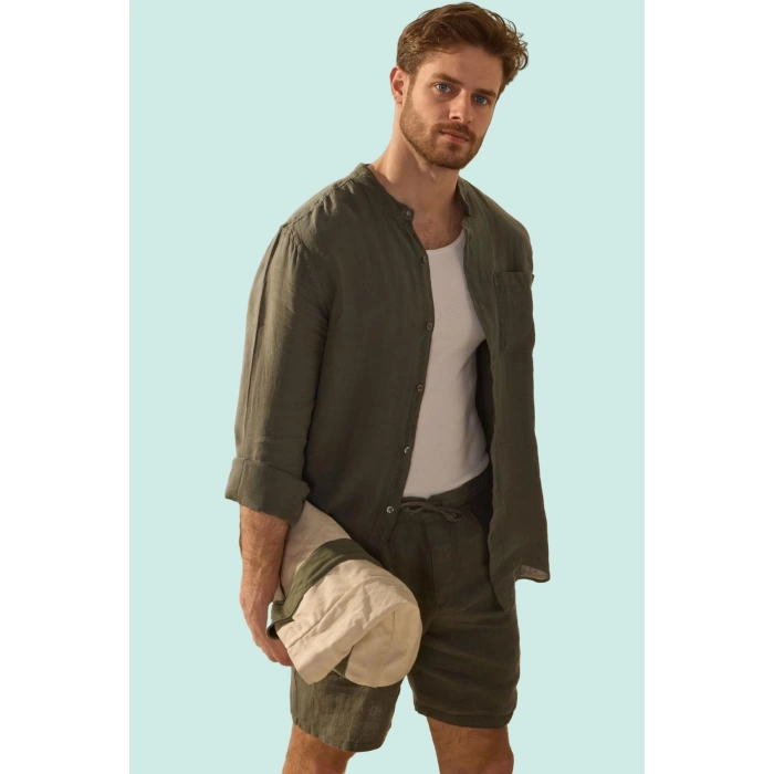 Erkek Oversize Keten Gömlek Hakim Yaka Uzun Kol Basic Günlük Hafta Sonu Yaz Aylarının Vazgeçilmezi
