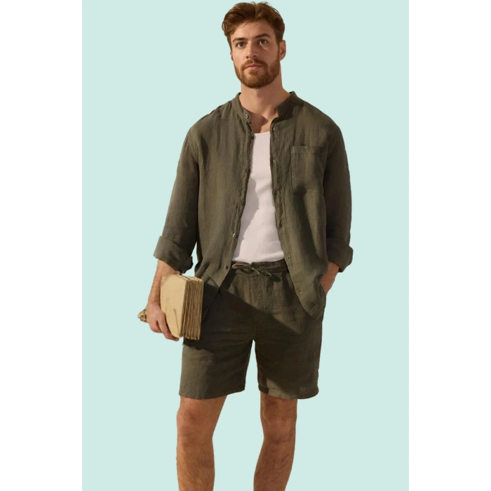 Erkek Oversize Keten Gömlek Hakim Yaka Uzun Kol Basic Günlük Hafta Sonu Yaz Aylarının Vazgeçilmezi