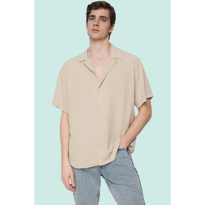 Erkek Oversize Keten Görünümlü Gömlek Kısa Kollu Apaş Yaka Günlük Yaz Aylarının Vazgeçilmezi