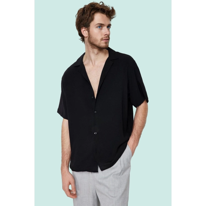 Erkek Oversize Keten Görünümlü Gömlek Kısa Kollu Apaş Yaka Günlük Yaz Aylarının Vazgeçilmezi