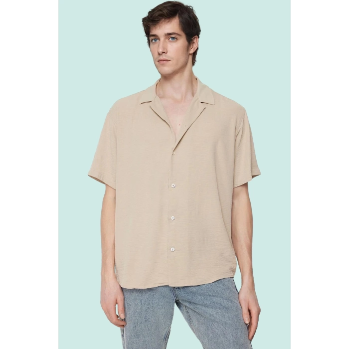 Erkek Oversize Keten Görünümlü Gömlek Kısa Kollu Apaş Yaka Günlük Yaz Aylarının Vazgeçilmezi