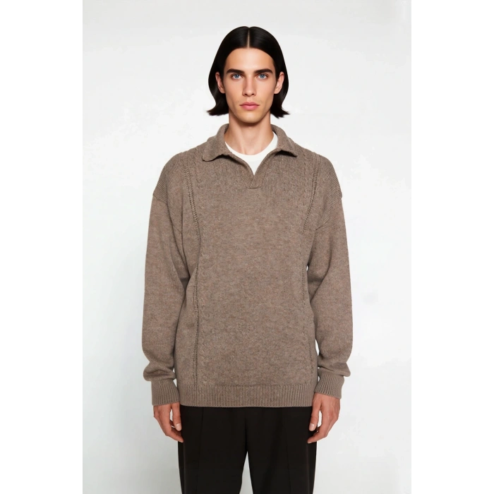 Erkek Oversize Polo Yaka Triko Kazak Kışlık Kalın Yapısı ve Rahat Standart Kol Kesimi Kaliteli