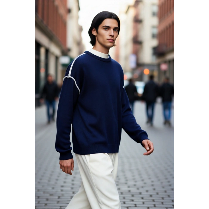 Erkek Oversize Rahat Akrilik Bisiklet Yaka Triko Kazak Biye Detaylı Kışlık Modern Giyim Stili