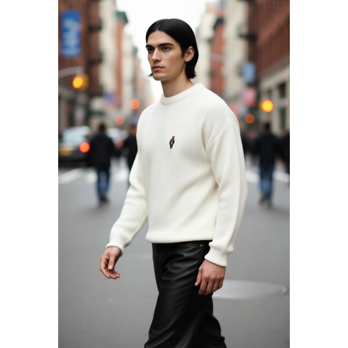 Erkek Oversize Selanik Dokuma Bisiklet Yaka Ayı Nakışlı Kışlık Uzun Kollu Triko Kazak Kaliteli