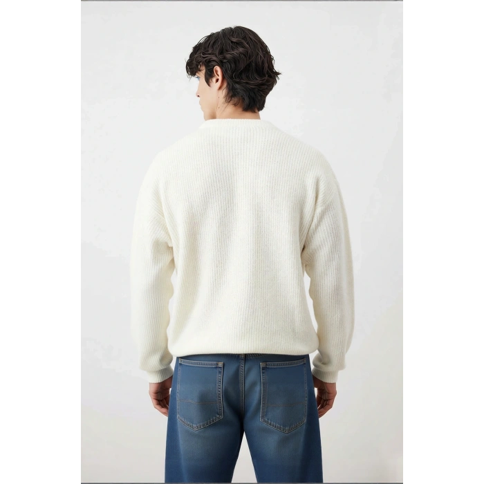 Erkek Oversize Selanik Dokuma Bisiklet Yaka Ayı Nakışlı Kışlık Uzun Kollu Triko Kazak Kaliteli