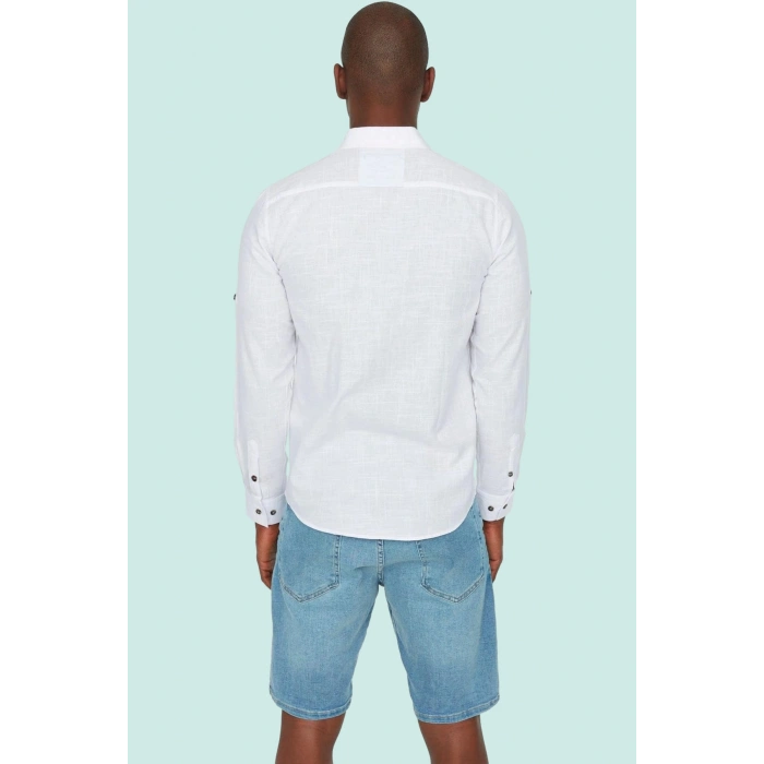 Erkek Pamuklu Gömlek Düğmeli Slim Fit Keten Görünümlü İş ve Günlük Yaz Aylarının Vazgeçilmezi