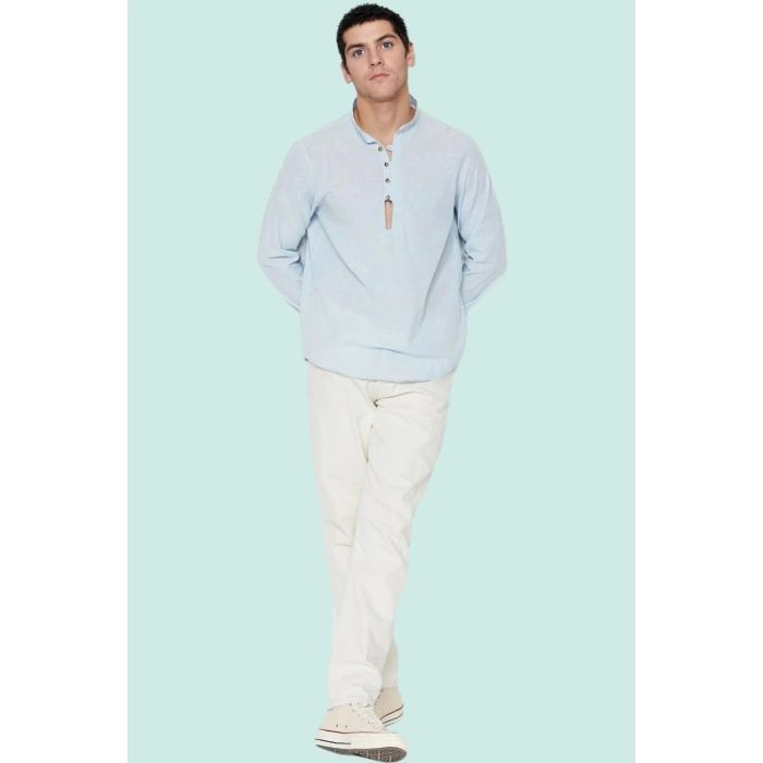Erkek Pamuklu Keten Görünümlü Gömlek; Hakim Yaka Slim Fit Günlük Şıklık Yaz Aylarının Vazgeçilmezi