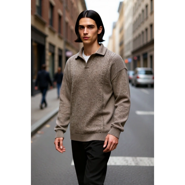 Erkek Polo Yaka Oversize Geniş Kalıp Triko Kazak Konforlu ve Şık Kışlık Giyim Seçeneği Kaliteli