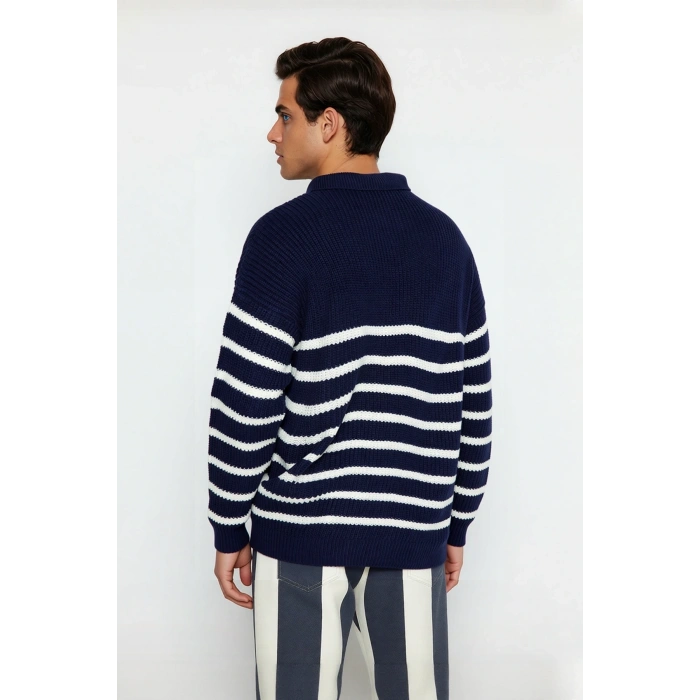 Erkek Polo Yaka Oversize Kalıp Triko Çizgili Kazak Lacivert Renk Kalın Selanik Dokuma Kışlık Giysi