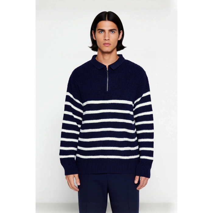 Erkek Polo Yaka Oversize Kalıp Triko Çizgili Kazak Lacivert Renk Kalın Selanik Dokuma Kışlık Giysi