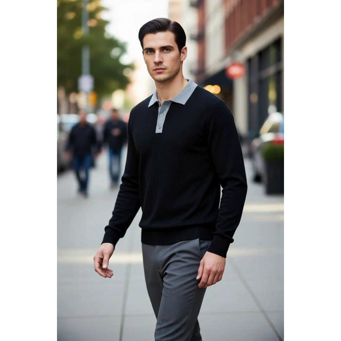Erkek Polo Yaka Renk Bloklu Triko Kazak Regular Kalıp Uzun Kol Soğuk Havalar İçin Modern Stil