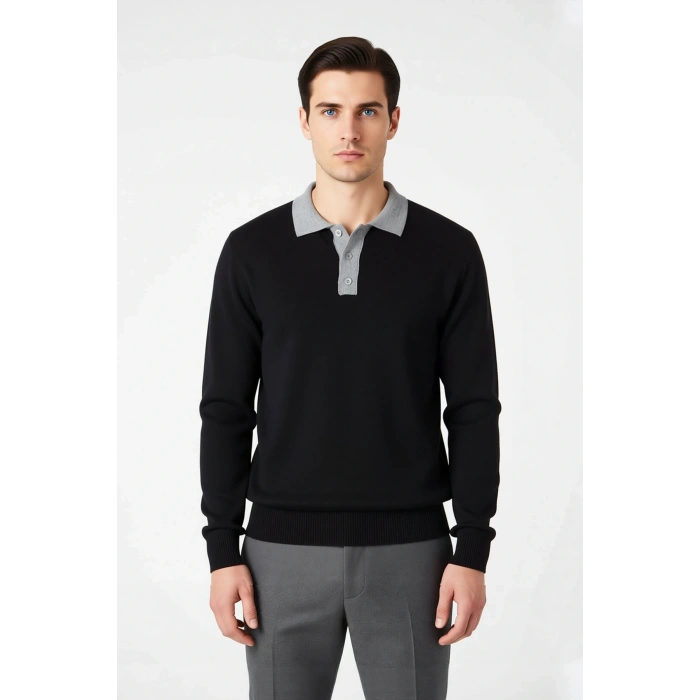 Erkek Polo Yaka Renk Bloklu Triko Kazak Regular Kalıp Uzun Kol Soğuk Havalar İçin Modern Stil