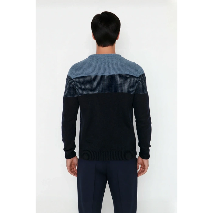 Erkek Rahat Kesim Bisiklet Yaka Renk Bloklu Akrilik Triko Kazak Soğuk Havalar İçin Mükemmel