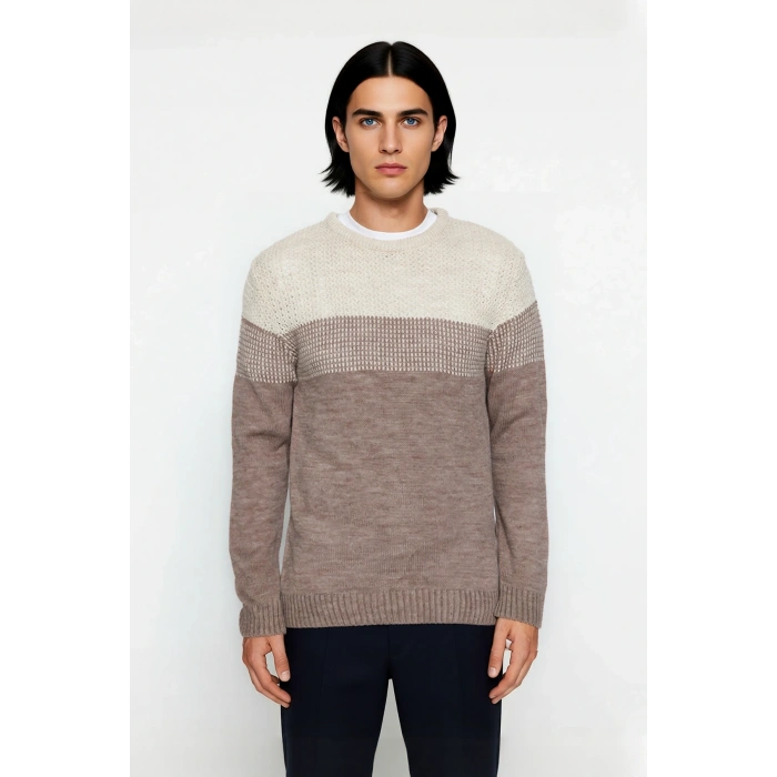 Erkek Rahat Kesim Bisiklet Yaka Renk Bloklu Akrilik Triko Kazak Soğuk Havalar İçin Mükemmel