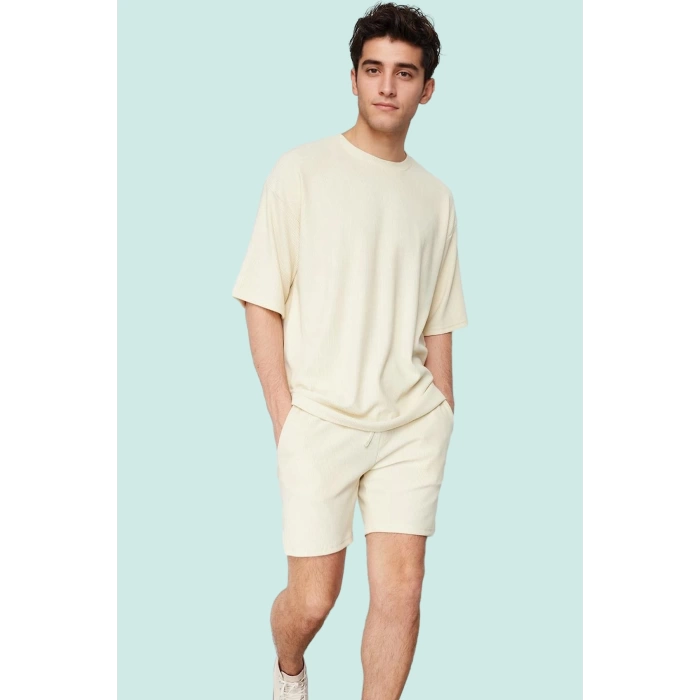 Erkek Rahat Kesim Şort; Polyester Elastan Dokulu Ottoman Kumaş Normal Bel Kısa Boy Günlük Kullanım