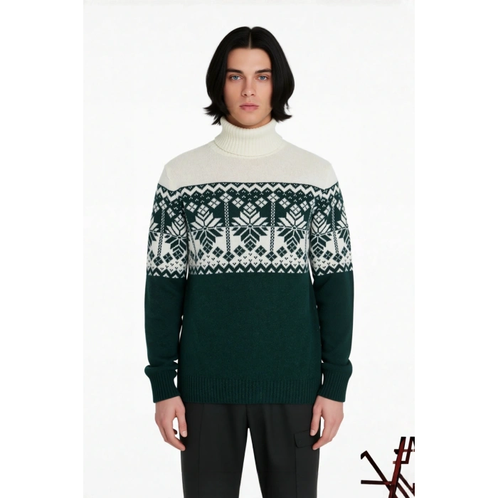 Erkek Regular Fit Balıkçı Yaka Etnik Desenli Kalın Triko Kazak Kışlık Günlük Şık Kombinler İçin