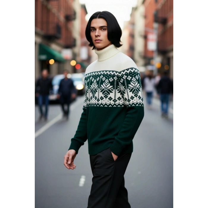 Erkek Regular Fit Balıkçı Yaka Etnik Desenli Kalın Triko Kazak Kışlık Günlük Şık Kombinler İçin