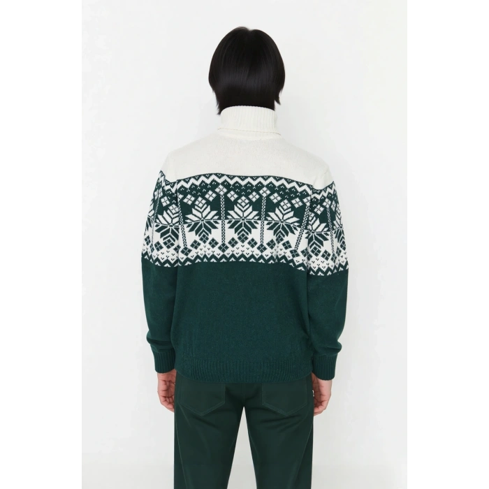 Erkek Regular Fit Balıkçı Yaka Etnik Desenli Kalın Triko Kazak Kışlık Günlük Şık Kombinler İçin