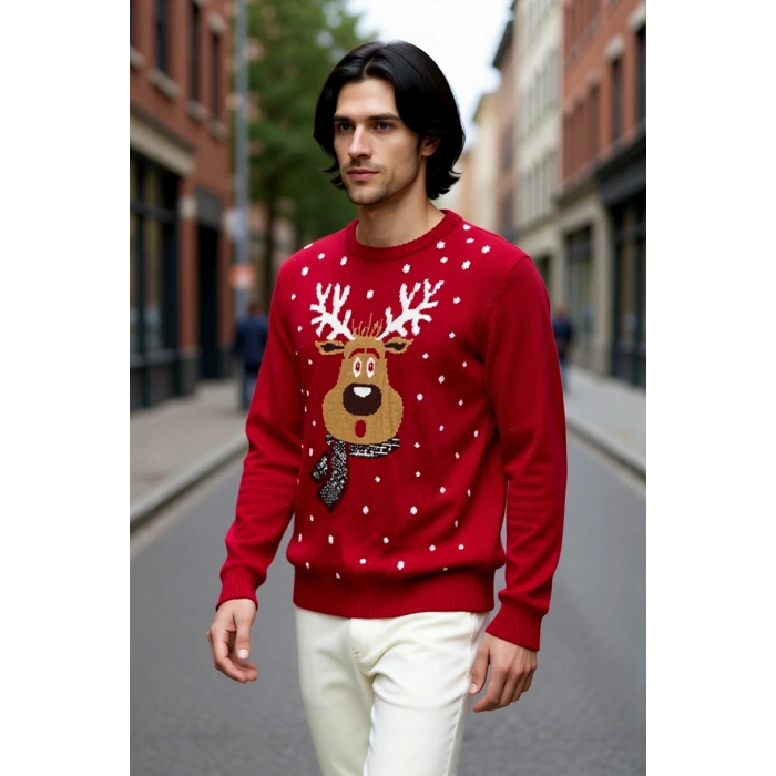 Erkek Regular Fit Bisiklet Yaka Kalın Kırmızı Yılbaşı Temalı Geyik Desenli Triko Kışlık Kazak