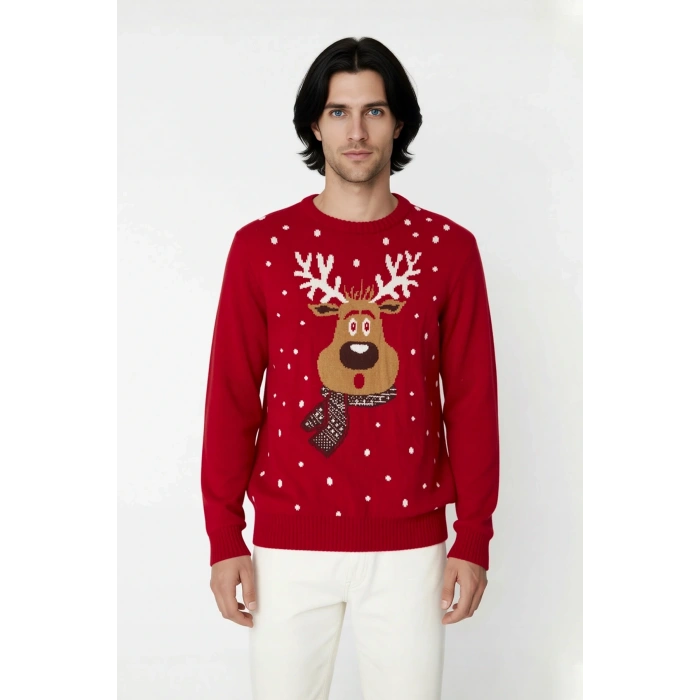 Erkek Regular Fit Bisiklet Yaka Kalın Kırmızı Yılbaşı Temalı Geyik Desenli Triko Kışlık Kazak