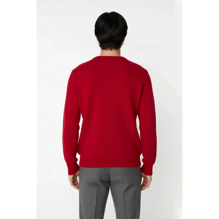 Erkek Regular Fit Bisiklet Yaka Kalın Kırmızı Yılbaşı Temalı Geyik Desenli Triko Kışlık Kazak