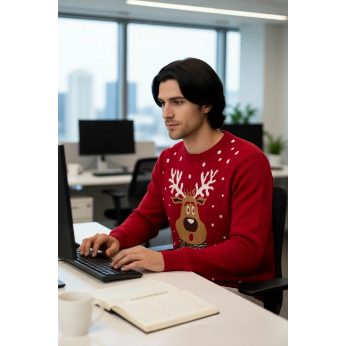Erkek Regular Fit Bisiklet Yaka Kalın Triko Yılbaşı Temalı Kırmızı Geyik Desenli Kışlık Kazak