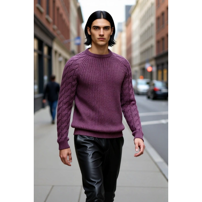 Erkek Regular Fit Bisiklet Yaka Saç Örgü Detaylı Triko Kazak Soğuk Günler İçin Rahatlık Sunar