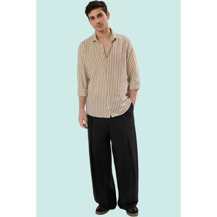 Erkek Regular Fit Çizgili Dokuma Gömlek Standart Kol Günlük Kullanım Yaz Aylarının Vazgeçilmezi