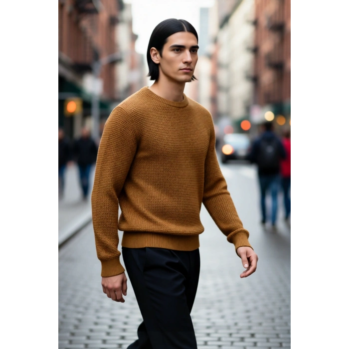 Erkek Regular Fit Dokulu Bisiklet Yaka Triko Kazak Soğuk Kış Günleri İçin İdeal Orta Kalınlık