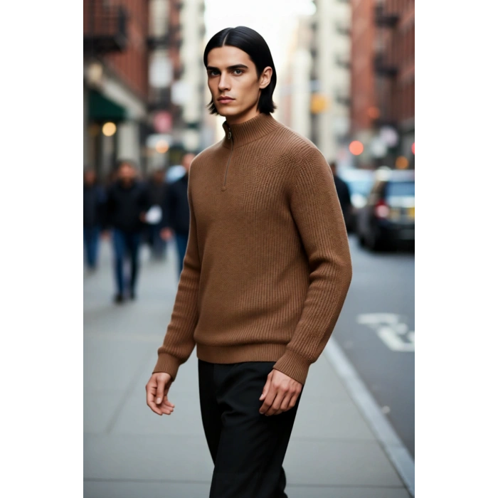 Erkek Regular Fit Düz Fermuarlı Dik Yaka Triko Kazak Kışlık Soğuk Hava Şıklığı İçin Mükemmel Seçim.