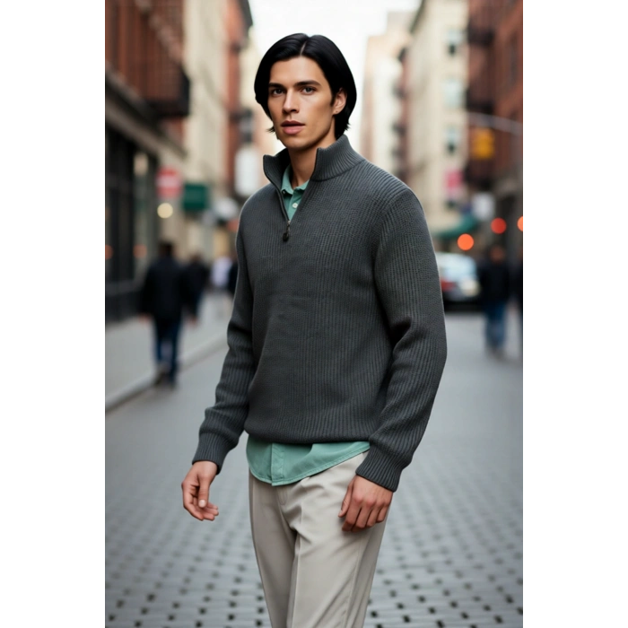 Erkek Regular Fit Düz Fermuarlı Dik Yaka Triko Kazak Kışlık Soğuk Hava Şıklığı İçin Mükemmel Seçim.