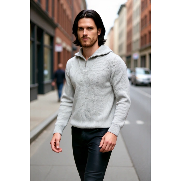 Erkek Regular Fit Fermuarlı Dik Yaka Kalın Triko Kazak Yünlü Karışım Kışlık Günlük Konfor İçin İdeal