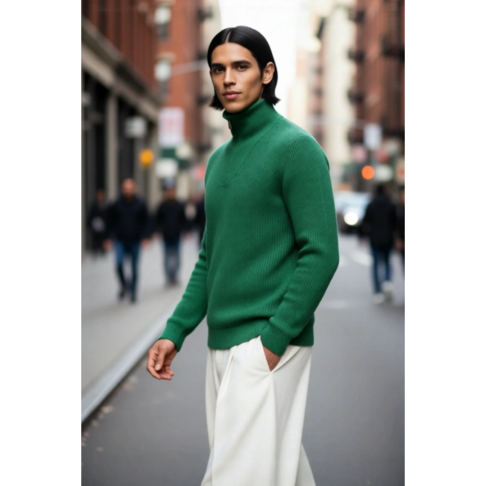 Erkek Regular Fit Fermuarlı Dik Yaka Kalın Triko Kazak Yünlü Karışım Kışlık Günlük Konfor İçin İdeal