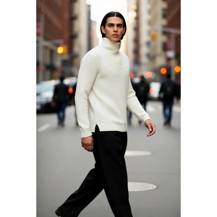 Erkek Regular Fit Fermuarlı Dik Yaka Kalın Triko Kazak Yünlü Karışım Kışlık Günlük Konfor İçin İdeal