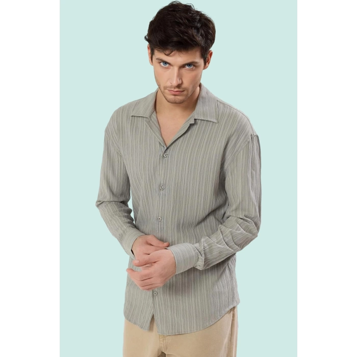 Erkek Regular Fit Gömlek Apaş Yaka Dokulu Kumaş Uzun Kollu Casual Stil Yaz Aylarının Vazgeçilmezi