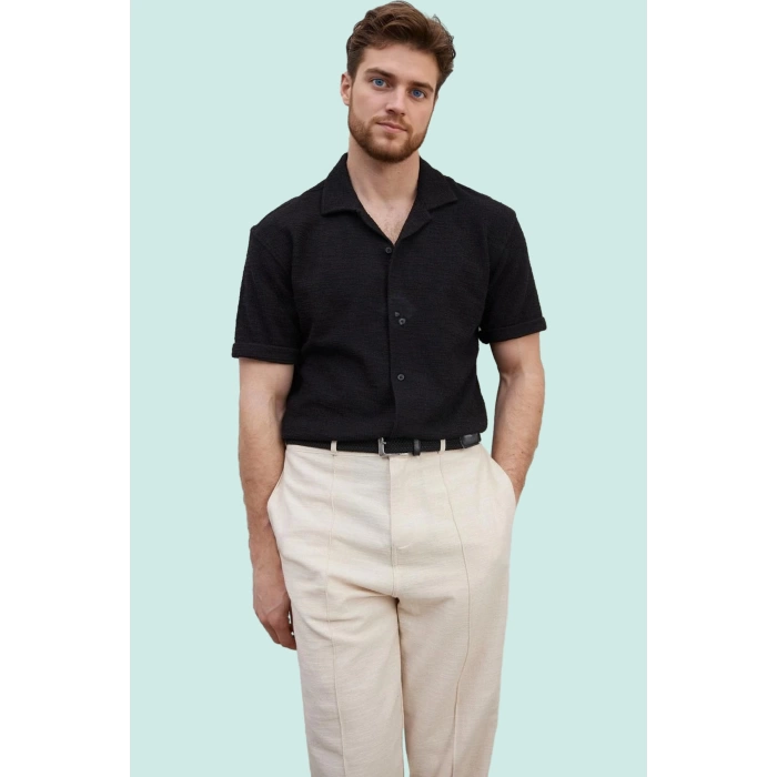 Erkek Regular Fit Kısa Kollu Dokulu Gömlek Rahat Günlük Yaz Hafta Sonu Stilin Buluştuğu Yer