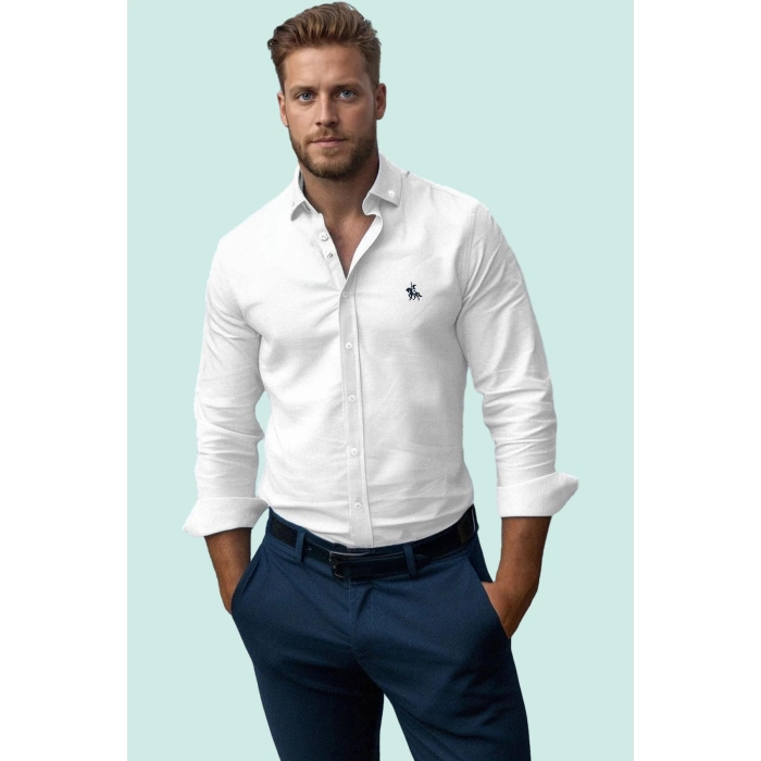 Erkek Regular Fit Nakış Detaylı Smart Gömlek Uzun Kol Pamuklu Günlük Kullanım Modern Tasarım