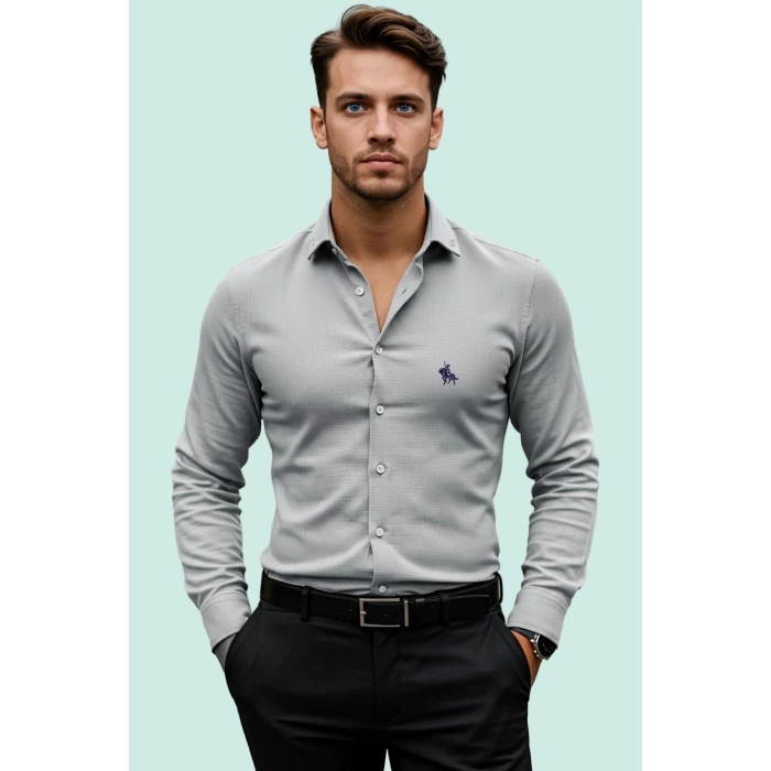 Erkek Regular Fit Nakış Detaylı Smart Gömlek Uzun Kol Pamuklu Günlük Kullanım Modern Tasarım
