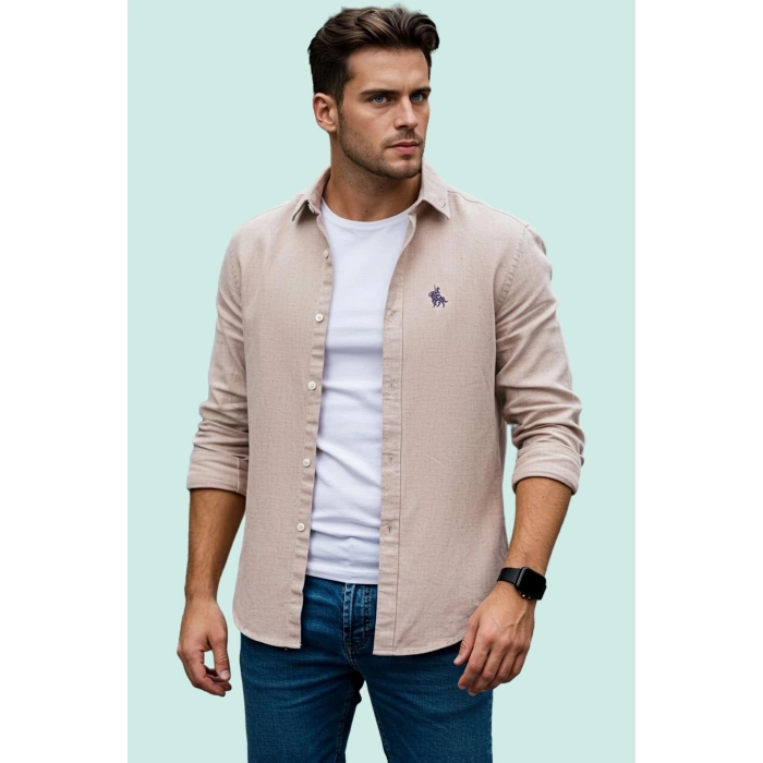 Erkek Regular Fit Nakış Detaylı Smart Gömlek Uzun Kol Pamuklu Günlük Kullanım Modern Tasarım