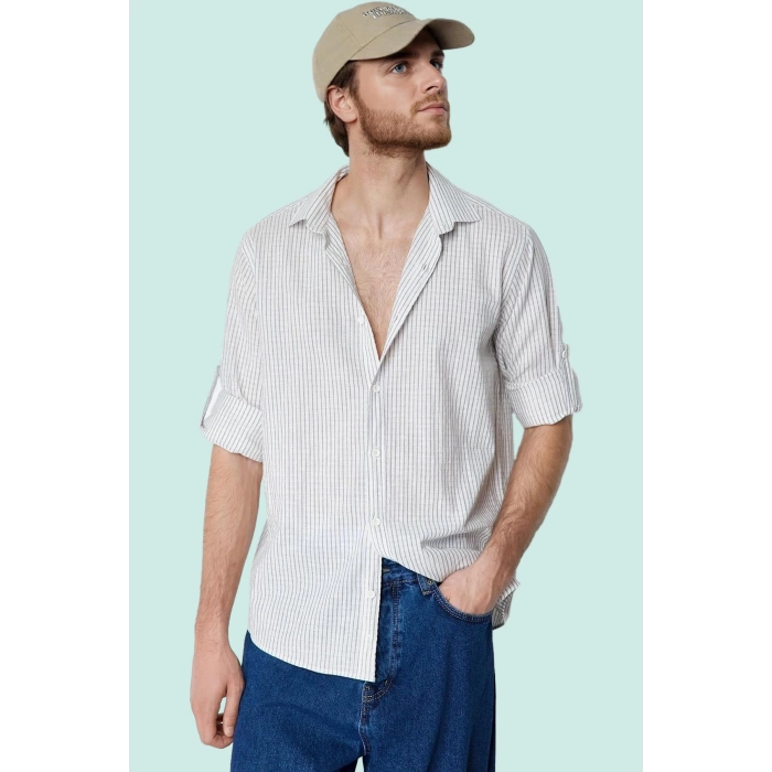 Erkek Regular Fit Pamuk Keten Karışımlı Çizgili Gömlek Yaka Günlük Stil Yaz Aylarının Vazgeçilmezi