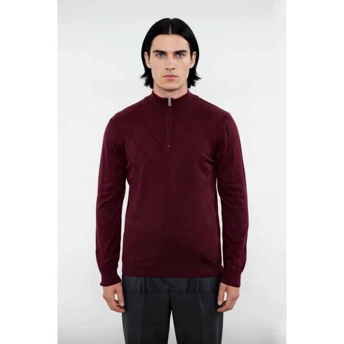 Erkek Regular Fit Pamuklu Akrilik Karışımlı Yarım Balıkçı Fermuarlı Triko Kazak Kışlık Şıklık