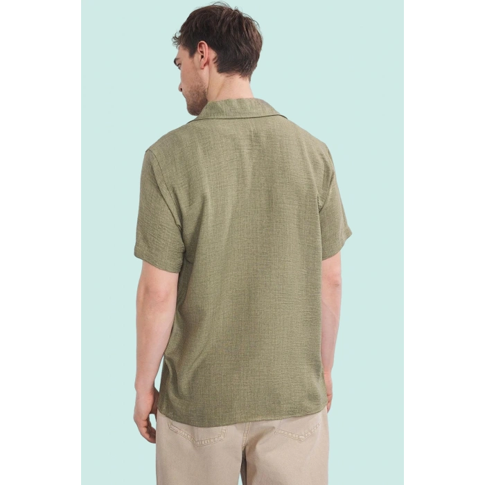 Erkek Regular Fit Polyester Gömlek; Keten Görünümlü Apaş Yaka Kısa Kol Yazlık Günlük Kullanım