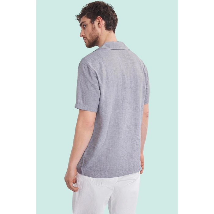 Erkek Regular Fit Polyester Gömlek; Keten Görünümlü Apaş Yaka Kısa Kol Yazlık Günlük Kullanım
