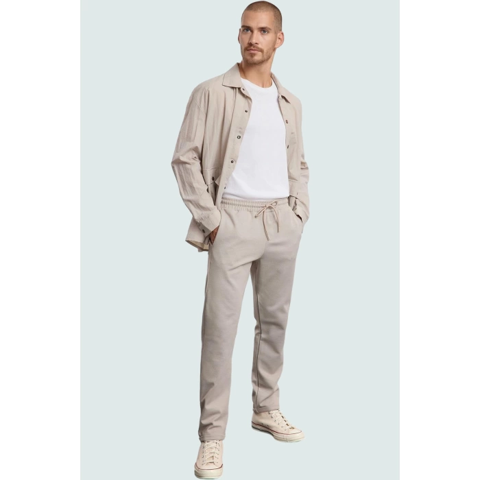 Erkek Regular Fit Rahat Beli Lastikli Duble Paça Pantolon Dokuma Kumaş Günlük Kullanım Hafta Sonu