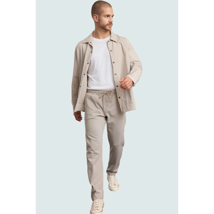 Erkek Regular Fit Rahat Beli Lastikli Duble Paça Pantolon Dokuma Kumaş Günlük Kullanım Hafta Sonu