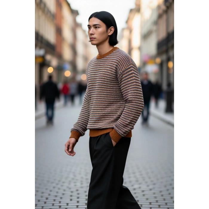 Erkek Regular Kalıp Bisiklet Yaka Çizgili Triko Kazak Kış Sezonu İçin Mükemmel Rahatlık ve Şıklık